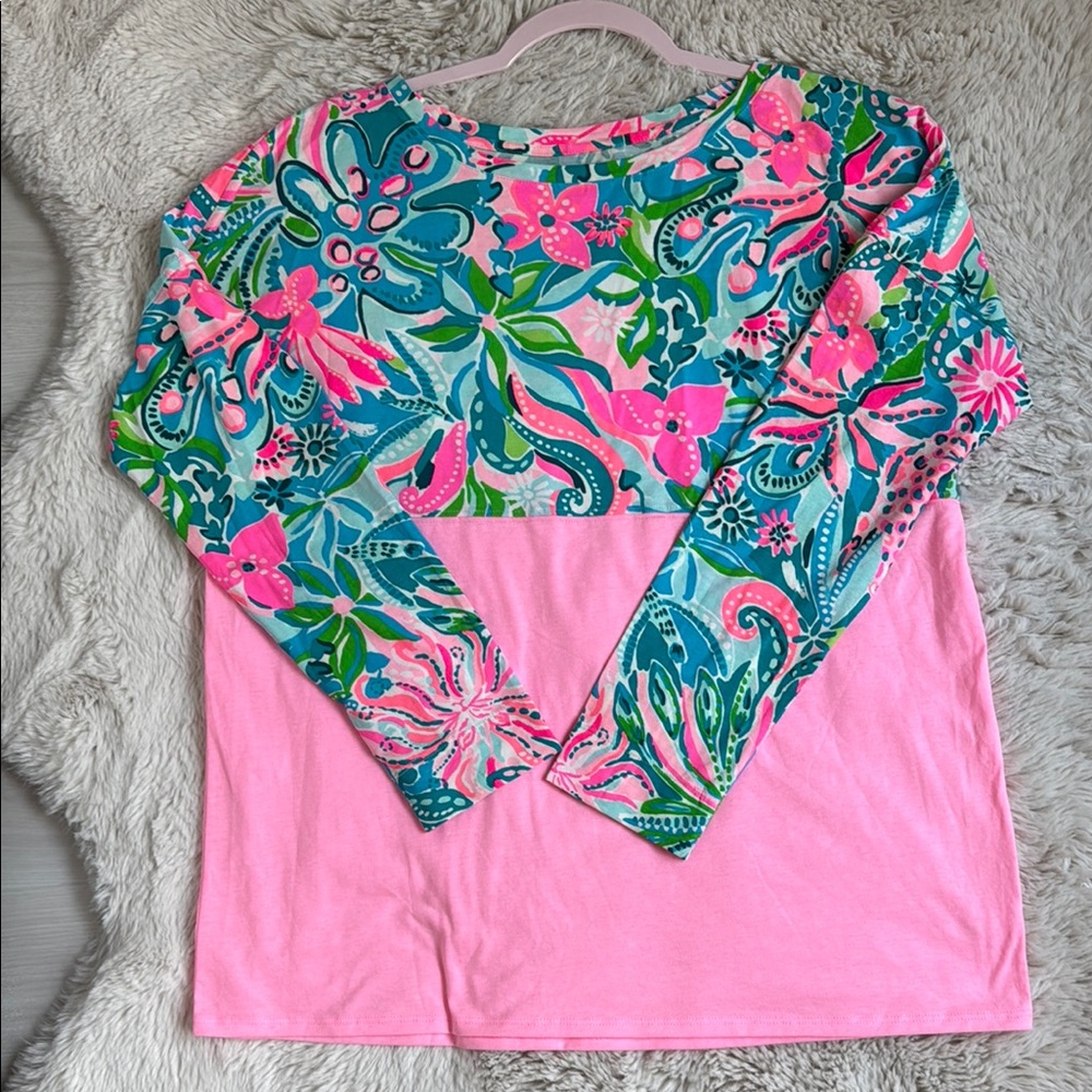 Lilly Pulitzer Blue and Pink Graphic Long Sleeve Blouse - Picture 2 of 6